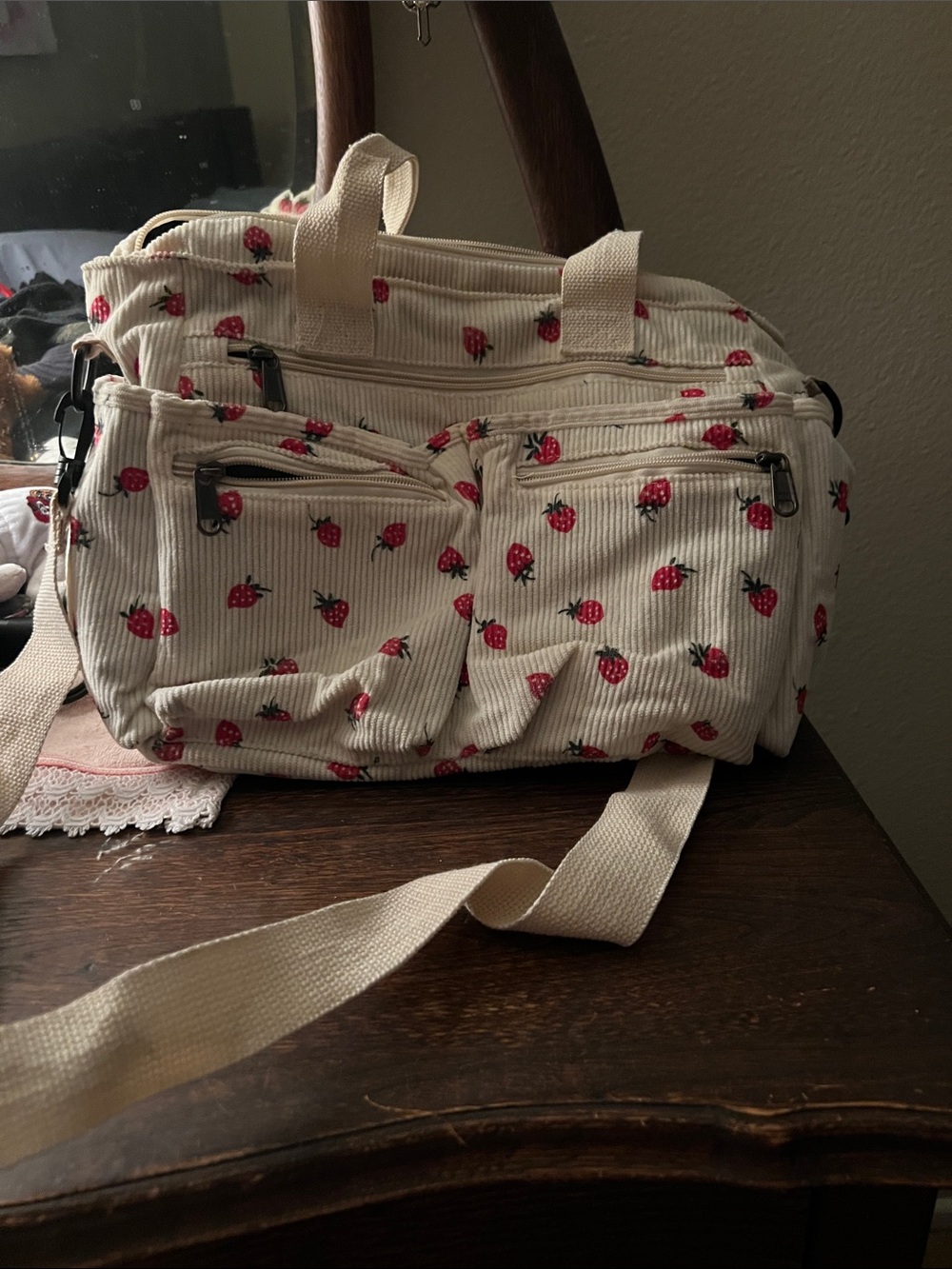 SHEIN Cream Crossbody Travel Bag with Red Strawberry Print